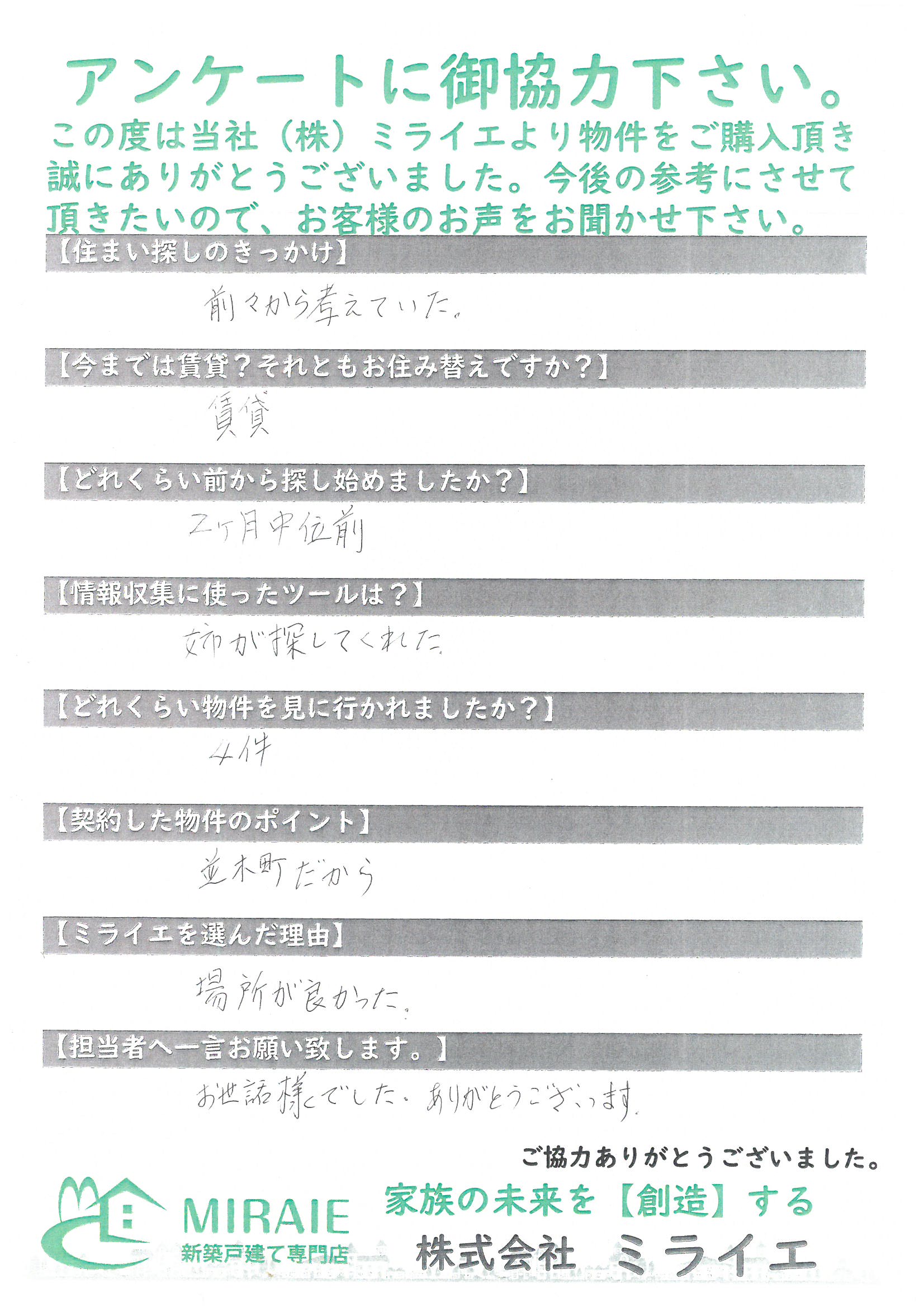 お客様に頂いたアンケート