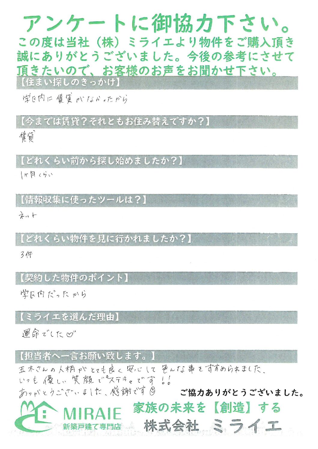 お客様に頂いたアンケート