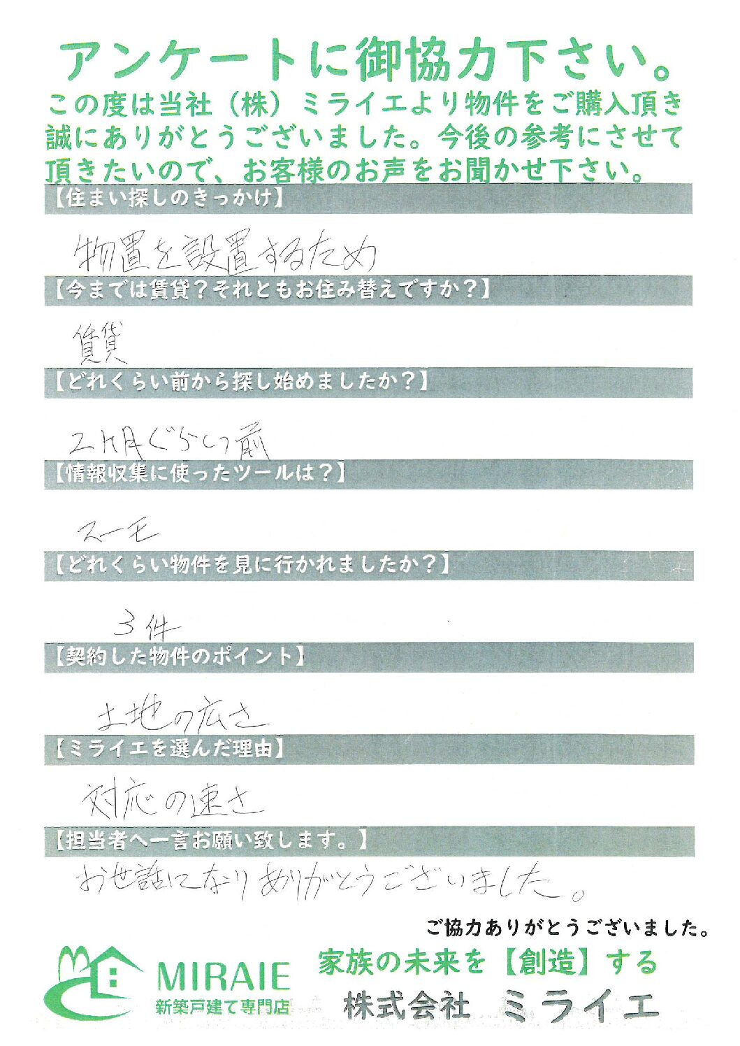 お客様に頂いたアンケート