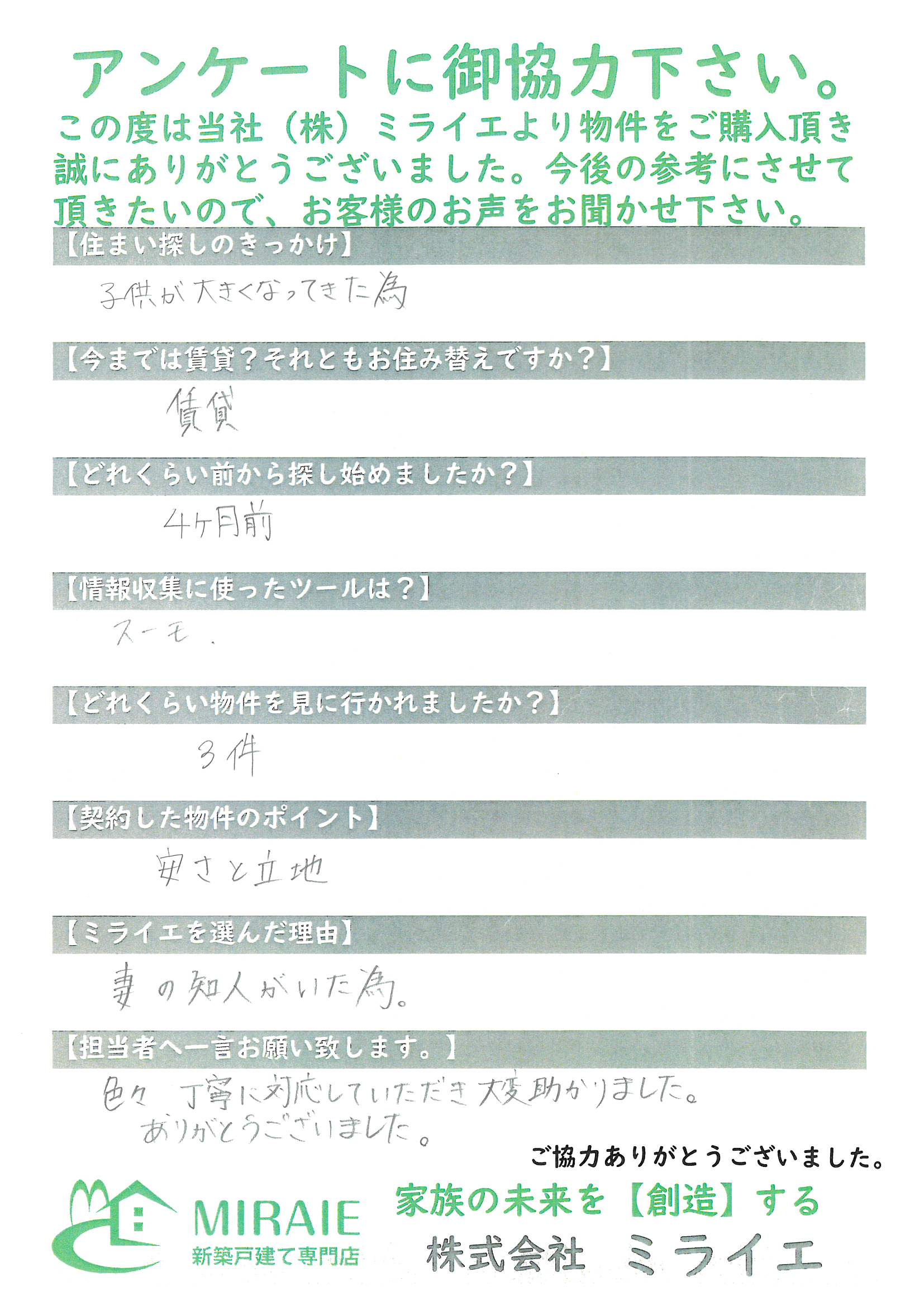 お客様に頂いたアンケート