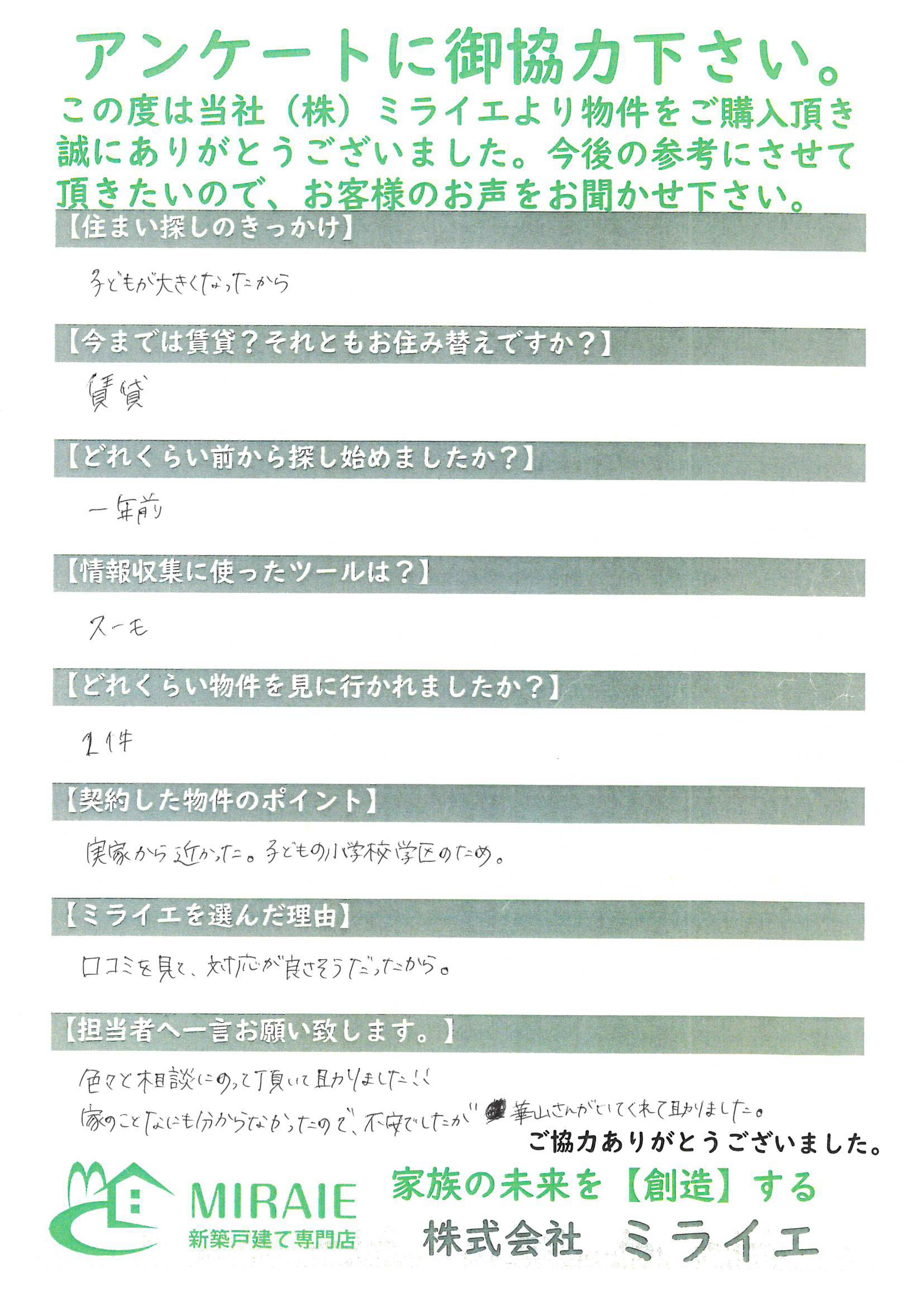 お客様に頂いたアンケート