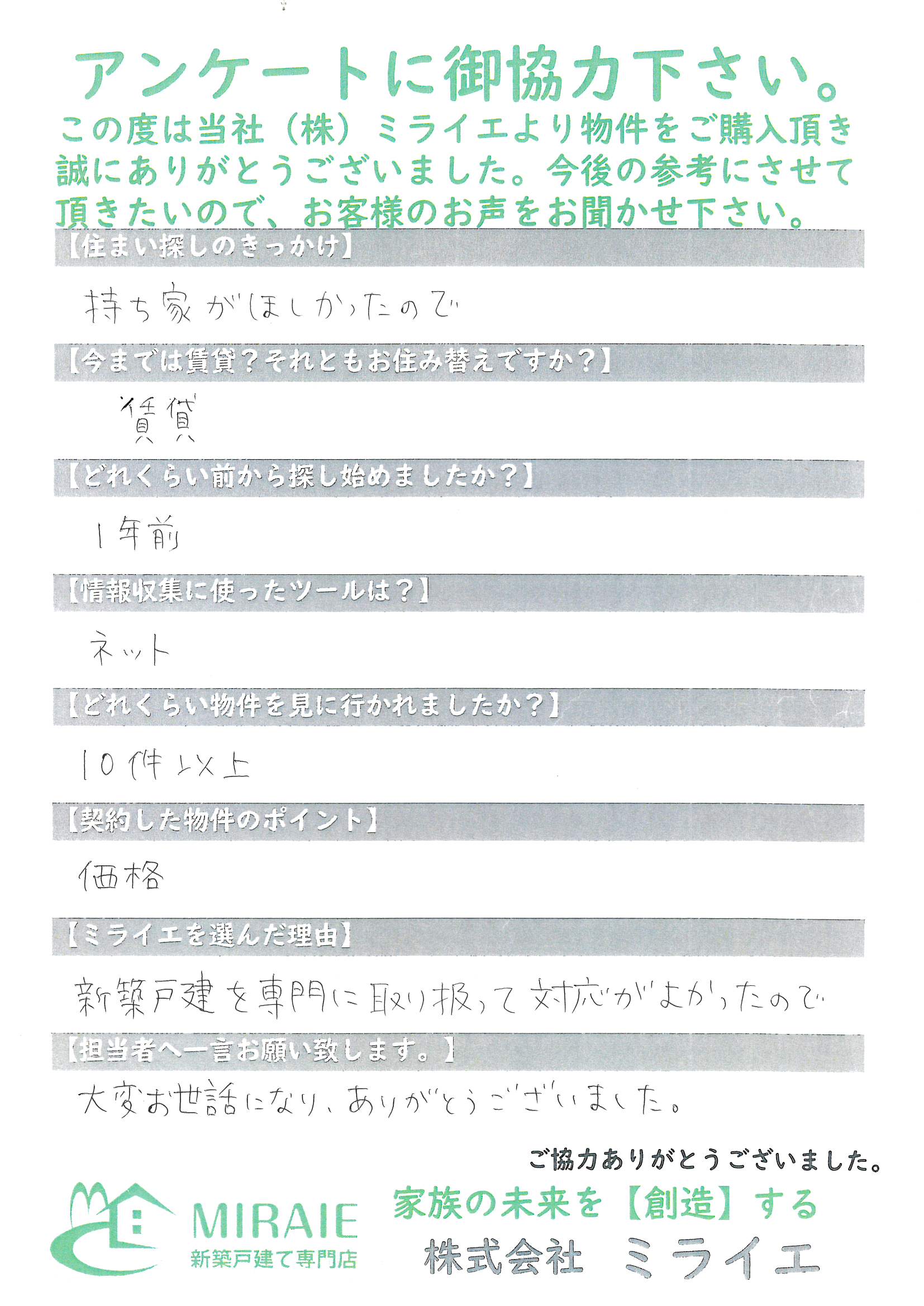 お客様に頂いたアンケート