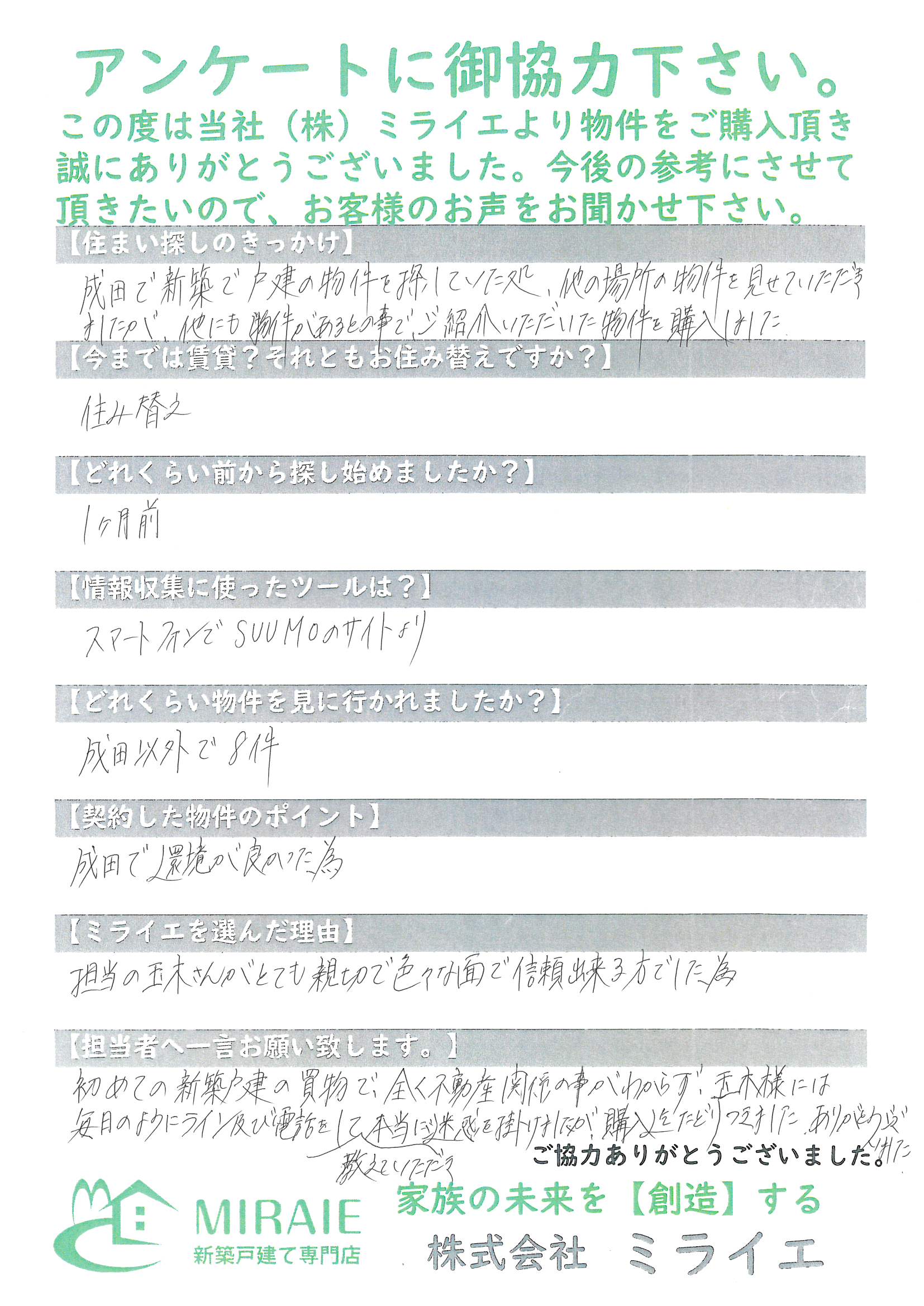 お客様に頂いたアンケート