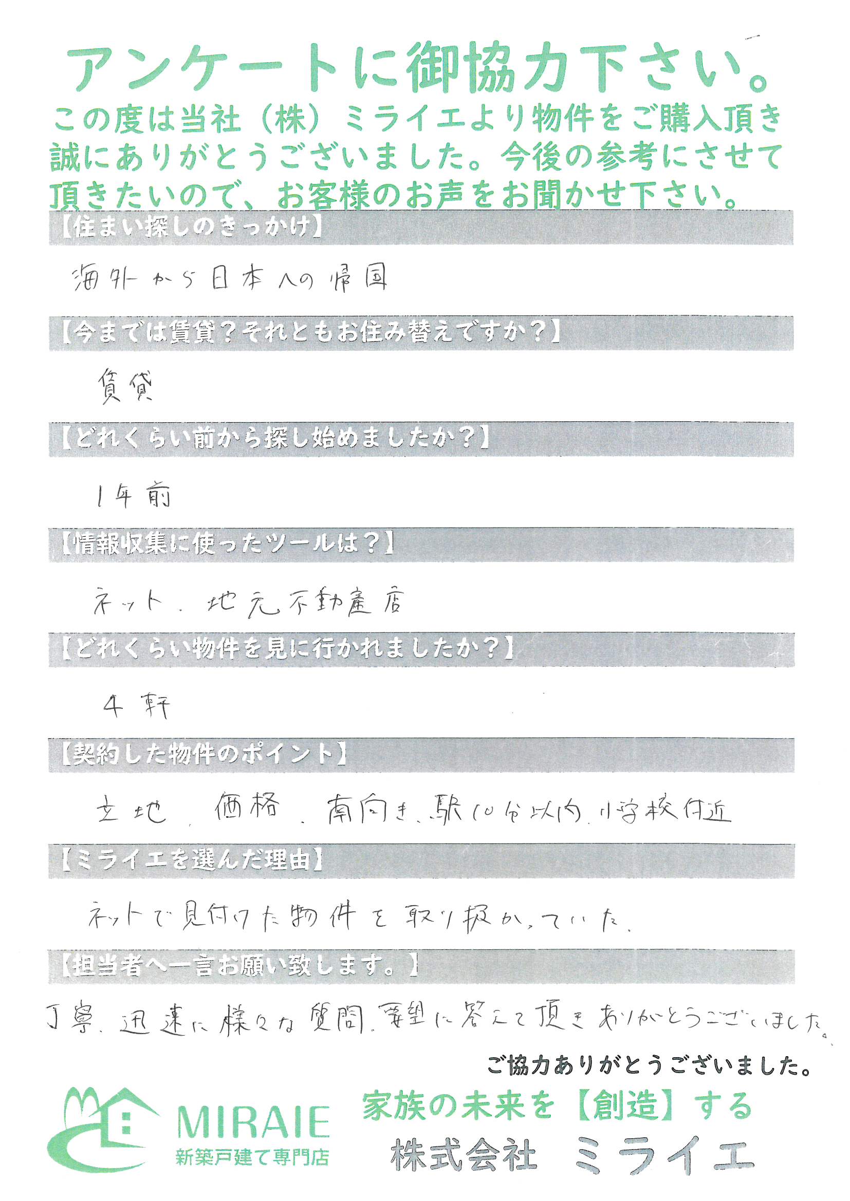 お客様に頂いたアンケート