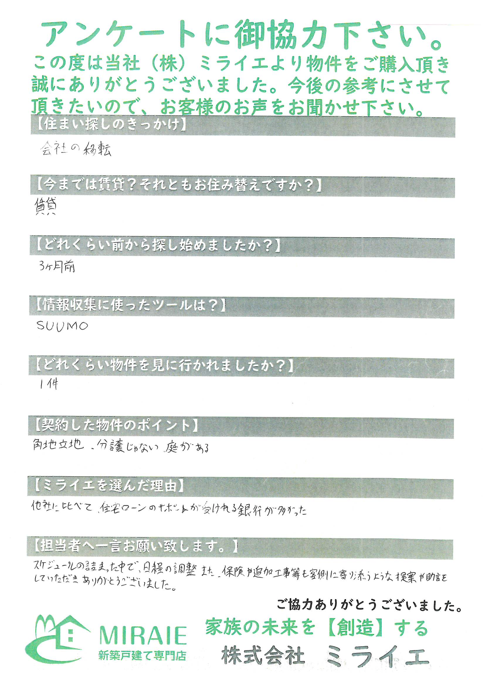お客様に頂いたアンケート